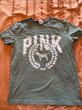 PINK Victoria's Secret Sage Green Logo Tee with White Graphic